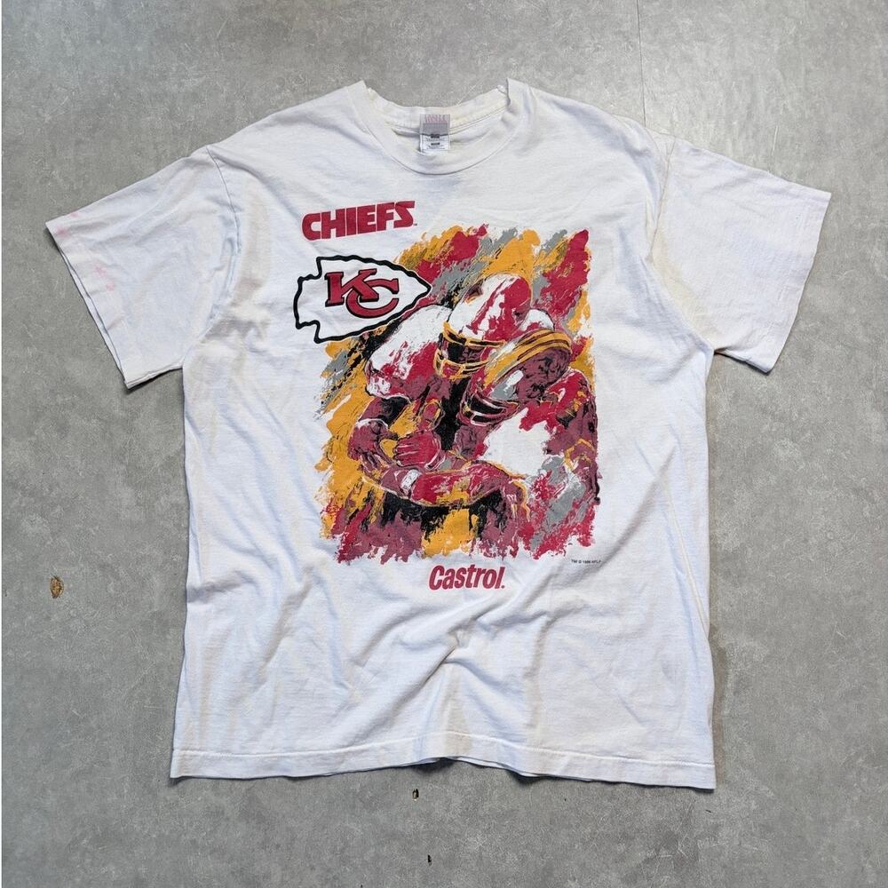 90s Vintage Kansas City Chiefs Paint Print White T-Shirt -XL